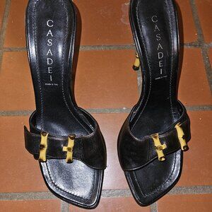 Casadei Black Leather Slip-on Heels w. Bamboo Heel